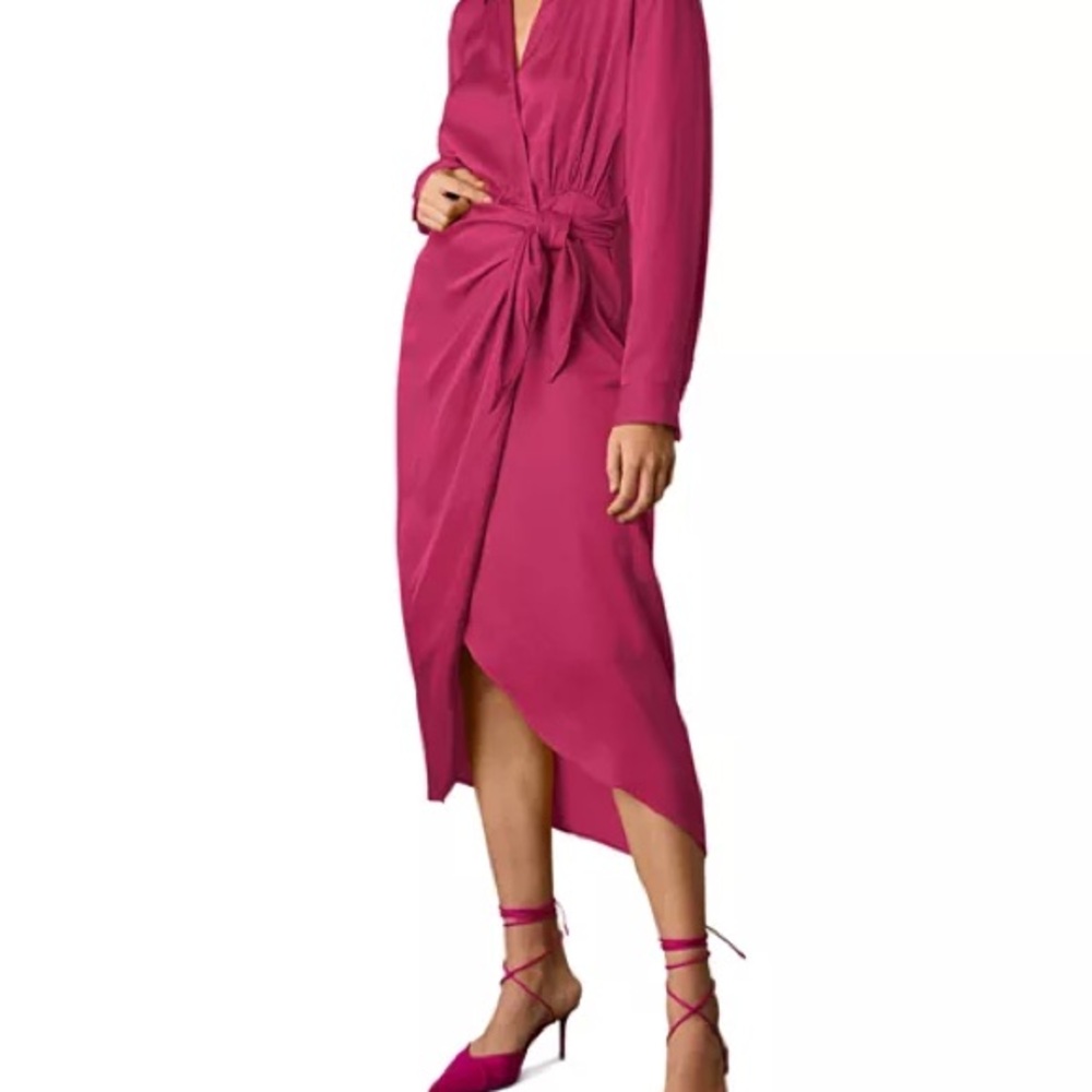 Velvet Pink Wrap Tie Front Dress with Bishop Sleeves